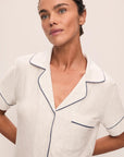Model is wearing Gisele Printed TENCEL™ ModalRelaxed Short PJ Set in Heritage Stripe Lt Htr Grey/Pe