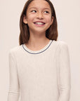Model is wearing Kids Printed TENCEL™ Modal Unisex Long PJ Set in Heritage Stripe Lt Htr Grey/Pe