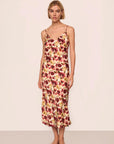 Model is wearing Inez Washable Silk Printed Slip in Botanical Flower Merlot