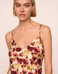 Model is wearing Inez Washable Silk Printed Slip in Botanical Flower Merlot