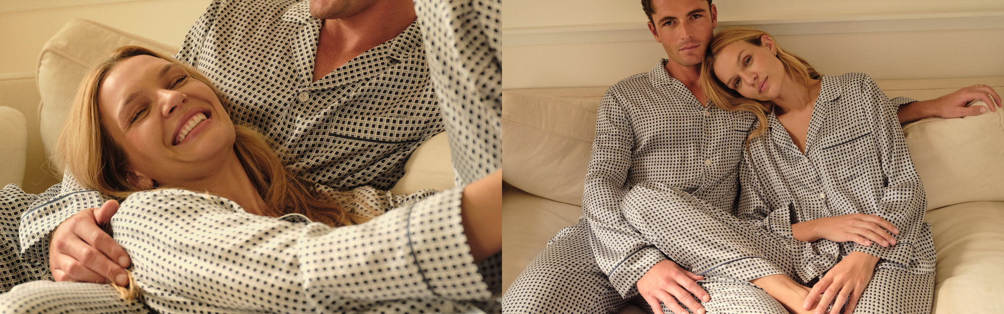 Models are wearing Inez Printed Long PJ Set and Charles Long PJ Set in Tile Square Gray Dawn/Navy
