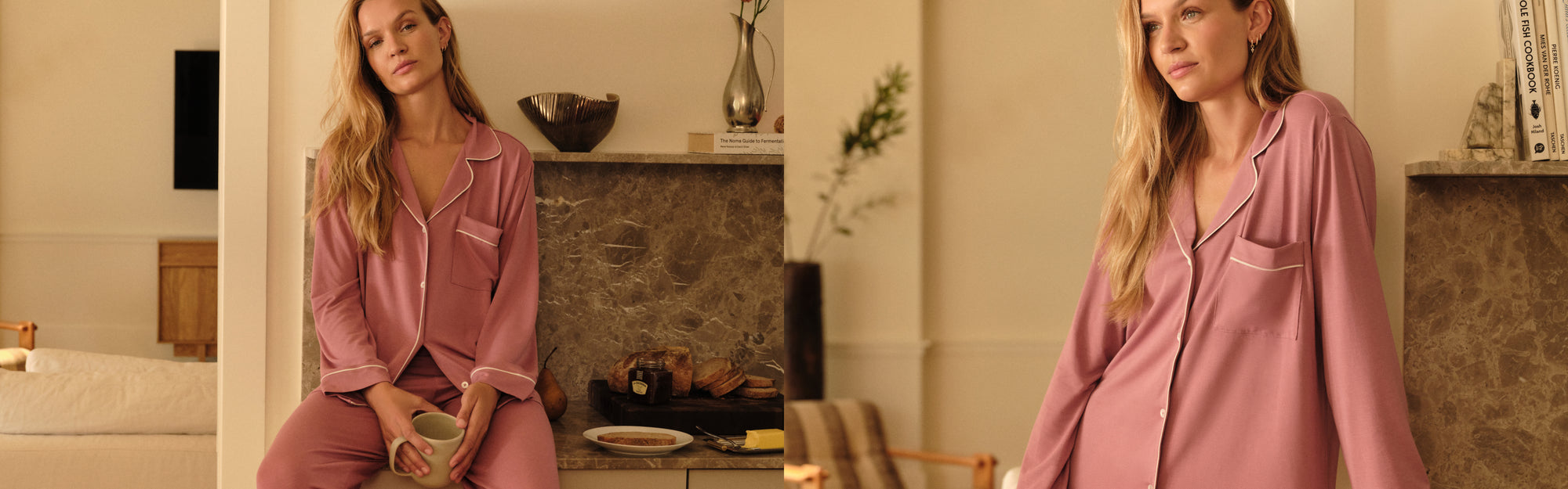 Model is wearing Gisele TENCEL™ Modal Long PJ Set n Berry Blush/Ivory