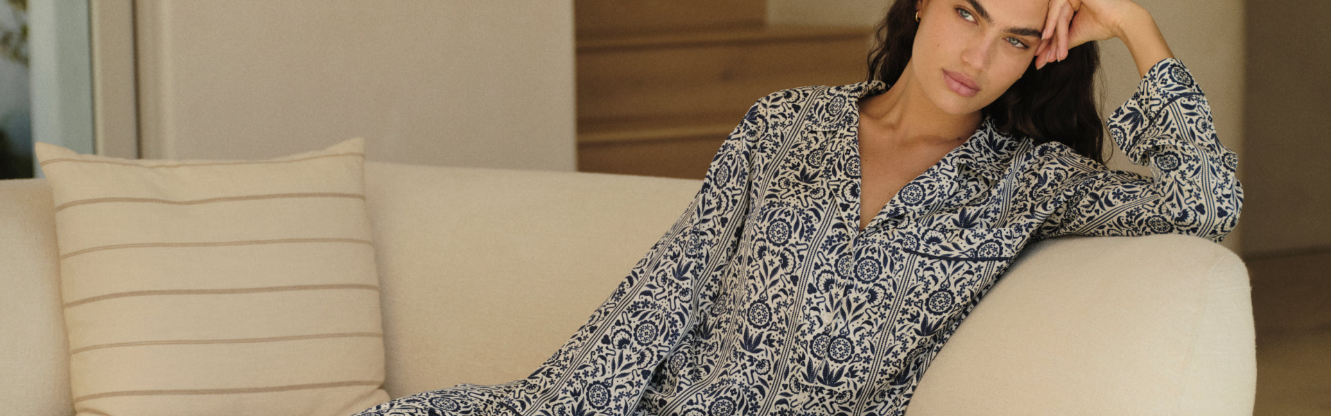 Model wearing Inez Printed Washable Silk Long PJ Set in Azulejos Navy/Navy