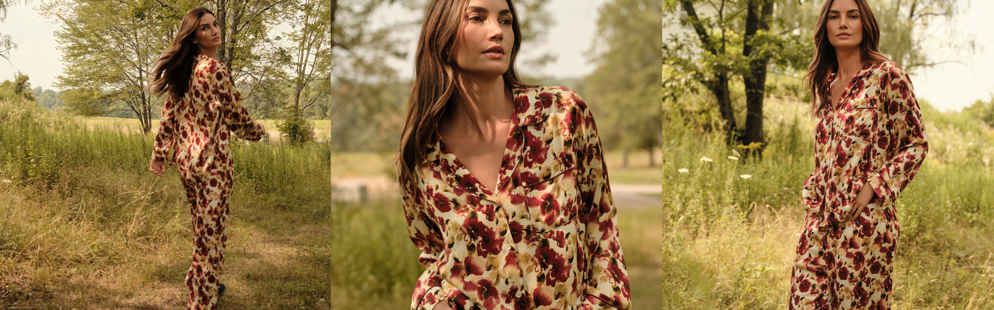 Model is wearing Inez Washable Silk Long PJ Set in Botanical Flower Merlot