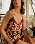 Model is wearing Washable Silk Lace Cami and Short in Botanical Flower Merlot
