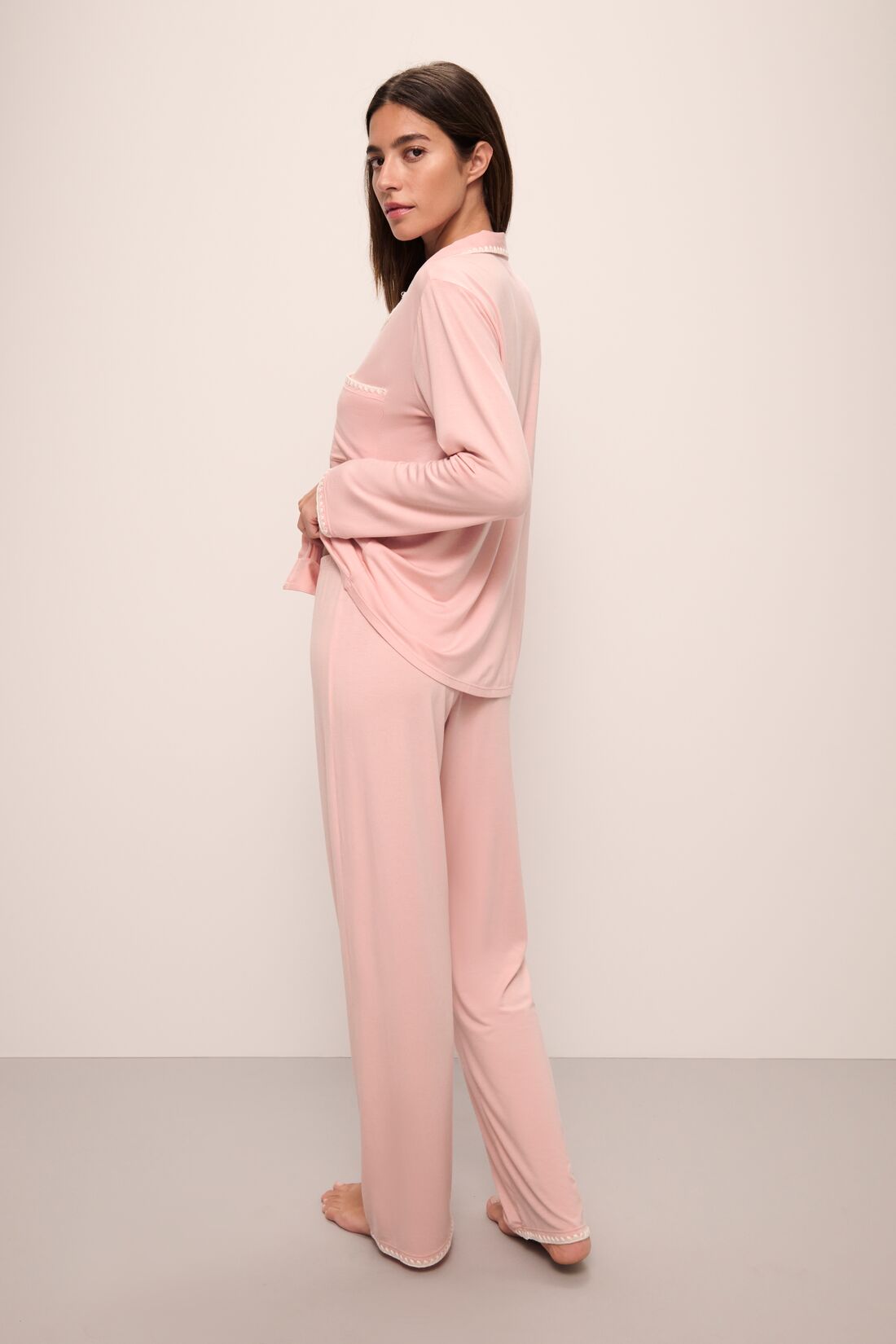 Model wears Frida TENCEL™ Modal Long PJ Set in Silver Pink/Ivory.