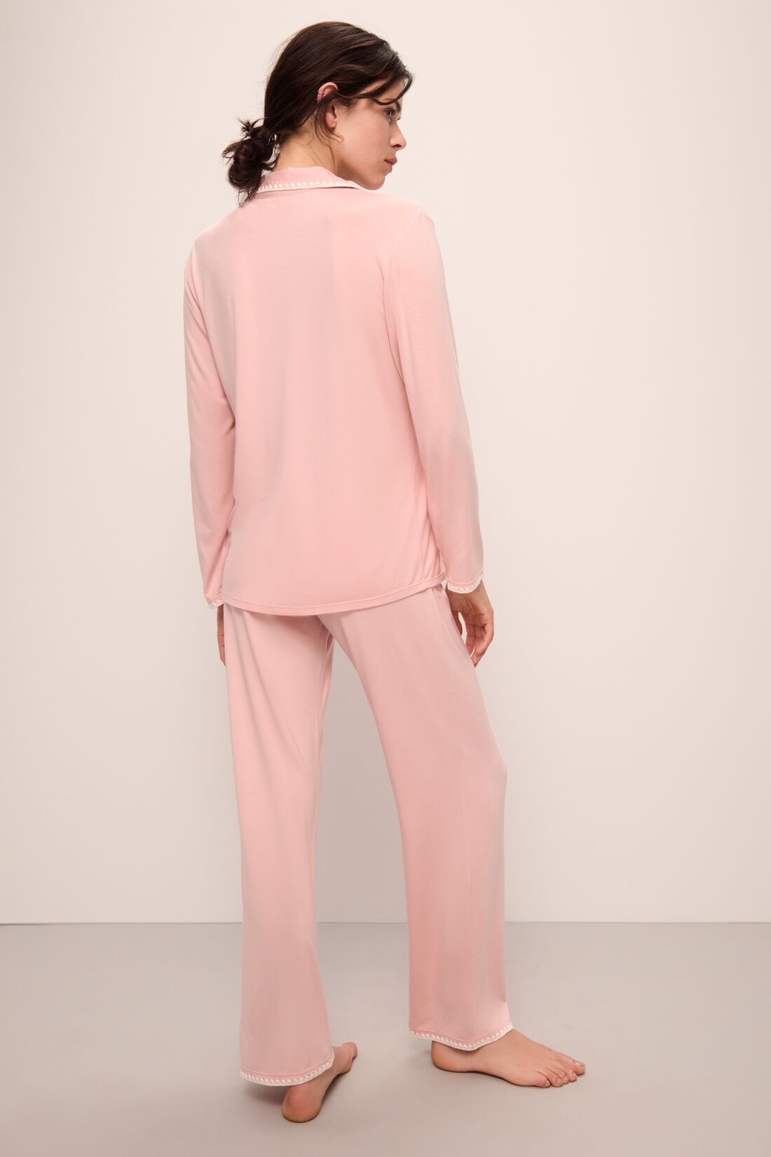 Model wears Frida TENCEL™ Modal Long PJ Set in Silver Pink/Ivory