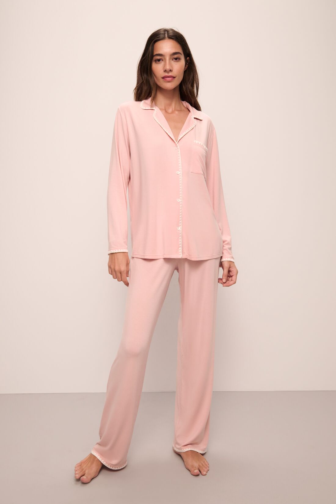 Model wears Frida TENCEL™ Modal Long PJ Set in Silver Pink/Ivory.