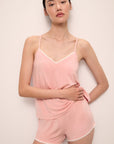 Model wears Frida TENCEL™ Modal Cami & Shortie Short PJ Set in Silver Pink/Ivory.
