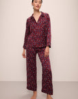 Model wears Inez Washable Silk Printed Long PJ Set in Winter Bloom Cabernet/Navy.
