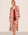 Model is wearing Inez Washable Silk Long Robe in Botanical Flower Merlot