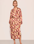 Model is wearing Inez Washable Silk Long Robe in Botanical Flower Merlot