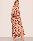 Model is wearing Inez Washable Silk Long Robe in Botanical Flower Merlot