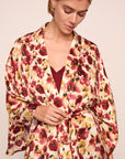 Model is wearing Inez Washable Silk Long Robe in Botanical Flower Merlot