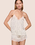 Model is wearing Washable Silk Printed Lace Cami & Short Set in Heart to Heart Black/Ivory