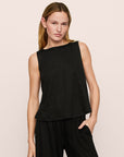 Model is wearing Organic Linen Knit Boat Neck Crop Tank in Black