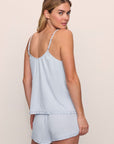Model is wearing Gisele TENCEL™ Modal Ruffle Cami & Shortie Short Set in Ice Blue