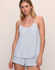 Model is wearing Gisele TENCEL™ Modal Ruffle Cami & Shortie Short Set in Ice Blue