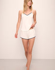 Model wears Frida TENCEL™ Modal Cami & Shortie Short PJ Set in Ivory/Navy.