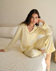 Model is wearing Inez Washable Silk Long PJ Set in Sunshine/White