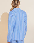 Model wears Gisele Printed TENCEL™ Modal Long PJ Set in Nordic Stripes Vista Blue/Ivory.