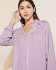 Model wears Gisele TENCEL™ Modal Long PJ Set in lavender/ivory.