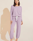 Model wears Gisele TENCEL™ Modal Slouchy PJ Set in lavender/ivory.