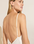 Model wears Inez Washable Silk Slip Dress in Ivory.