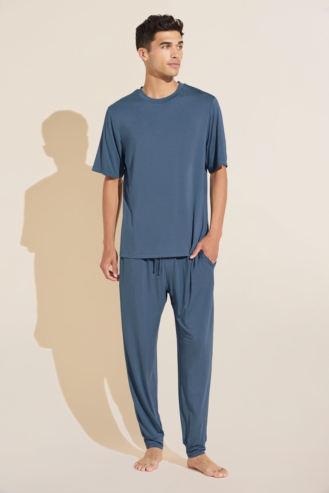 Model wears Henry TENCEL™ Modal Short Sleeve & Pant PJ Set in Coastal Blue.