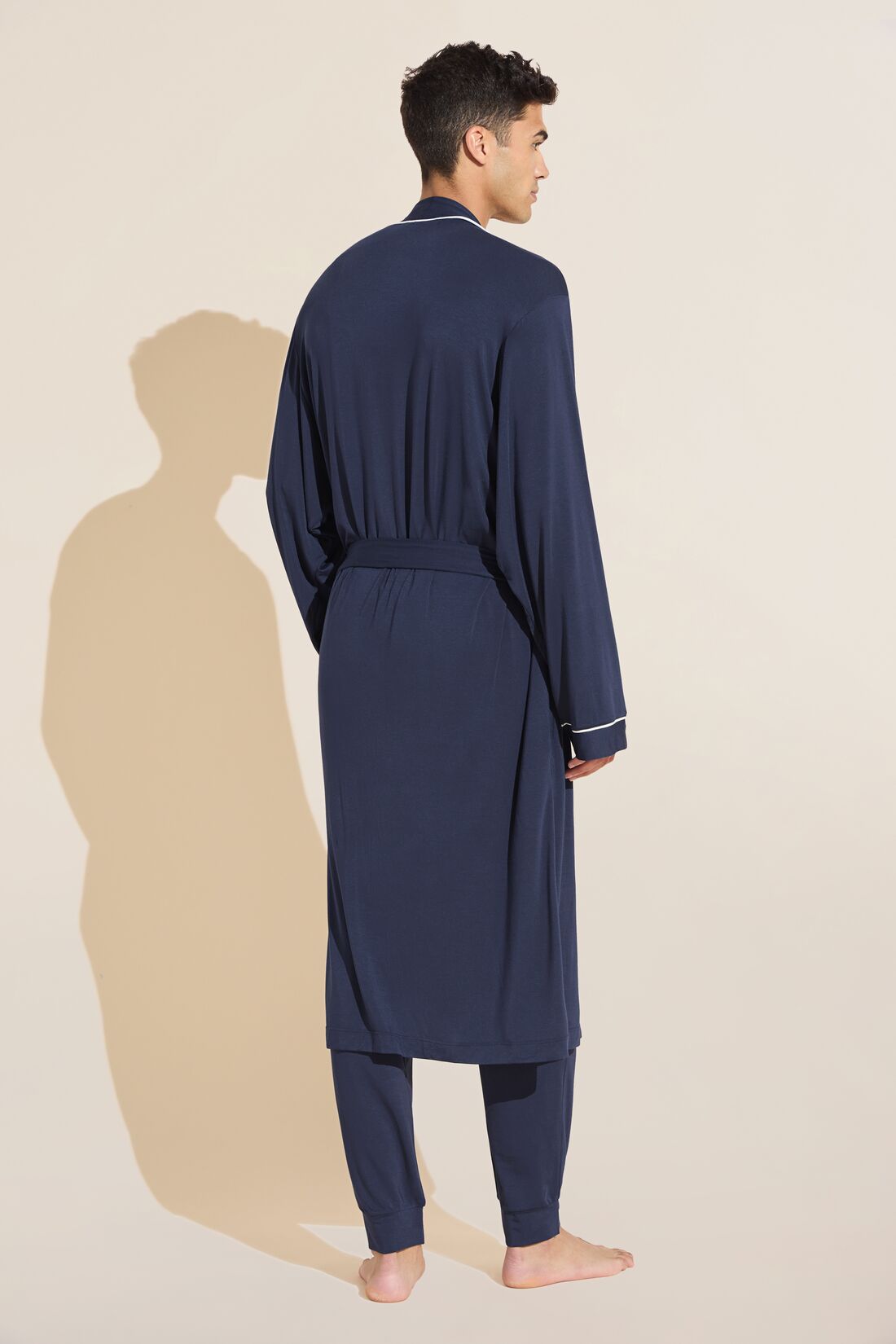 Model wears William TENCEL™ Modal Robe in True Navy/Ivory.