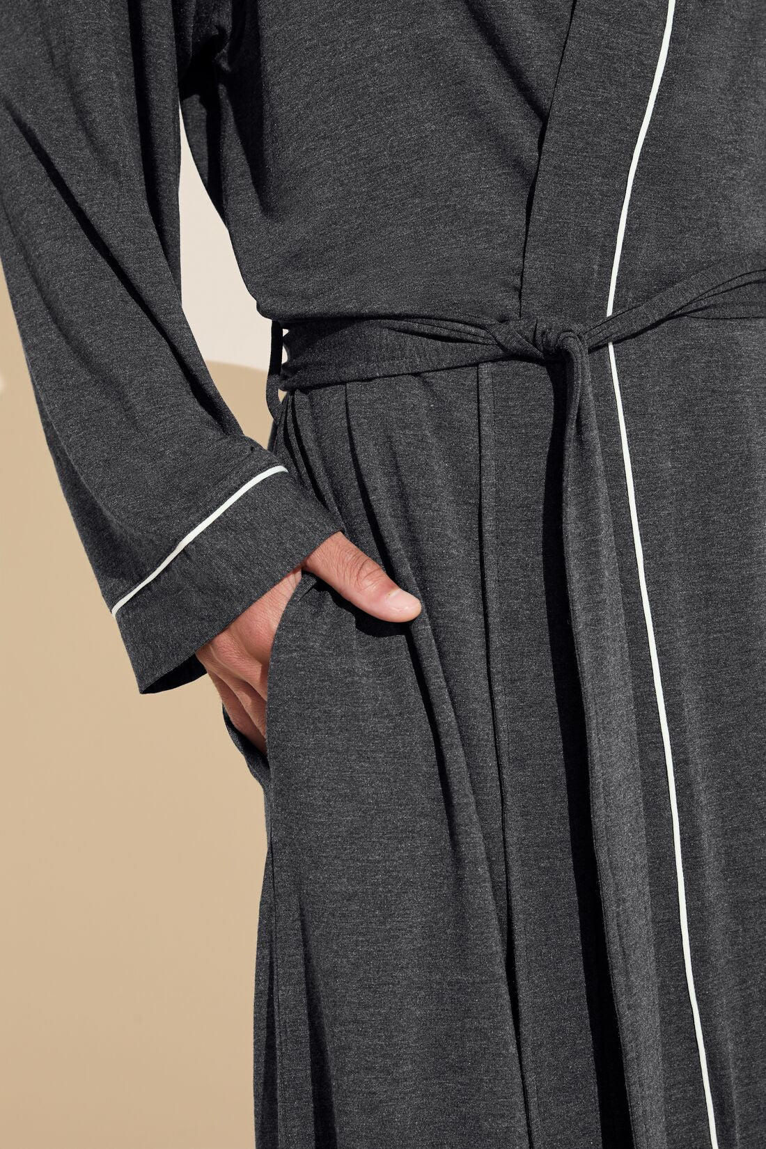 Model wears William TENCEL™ Modal Robe in Charcoal Heather/Ivory.