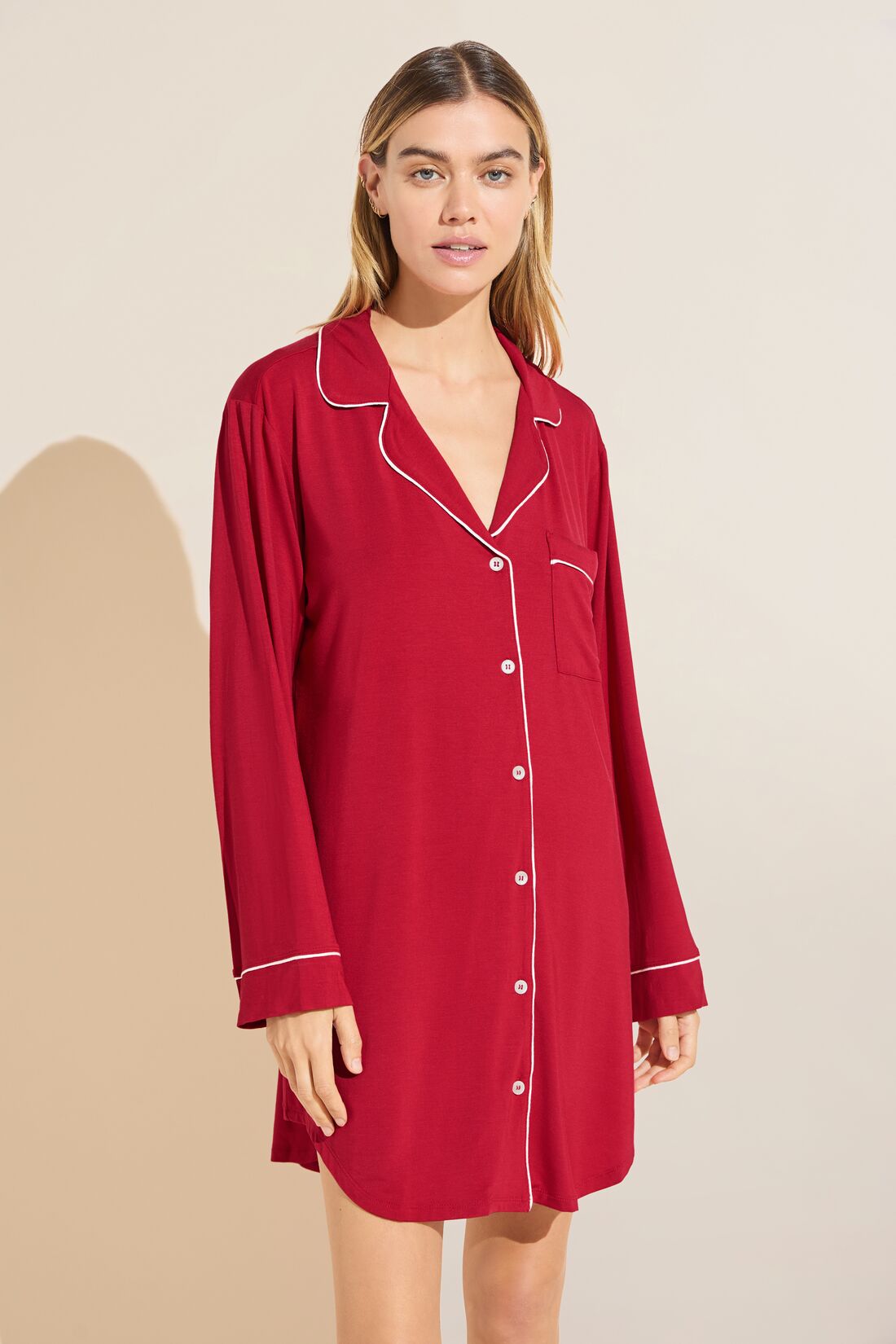 Model in Gisele Sleepshirt in Haute Red/Ivory