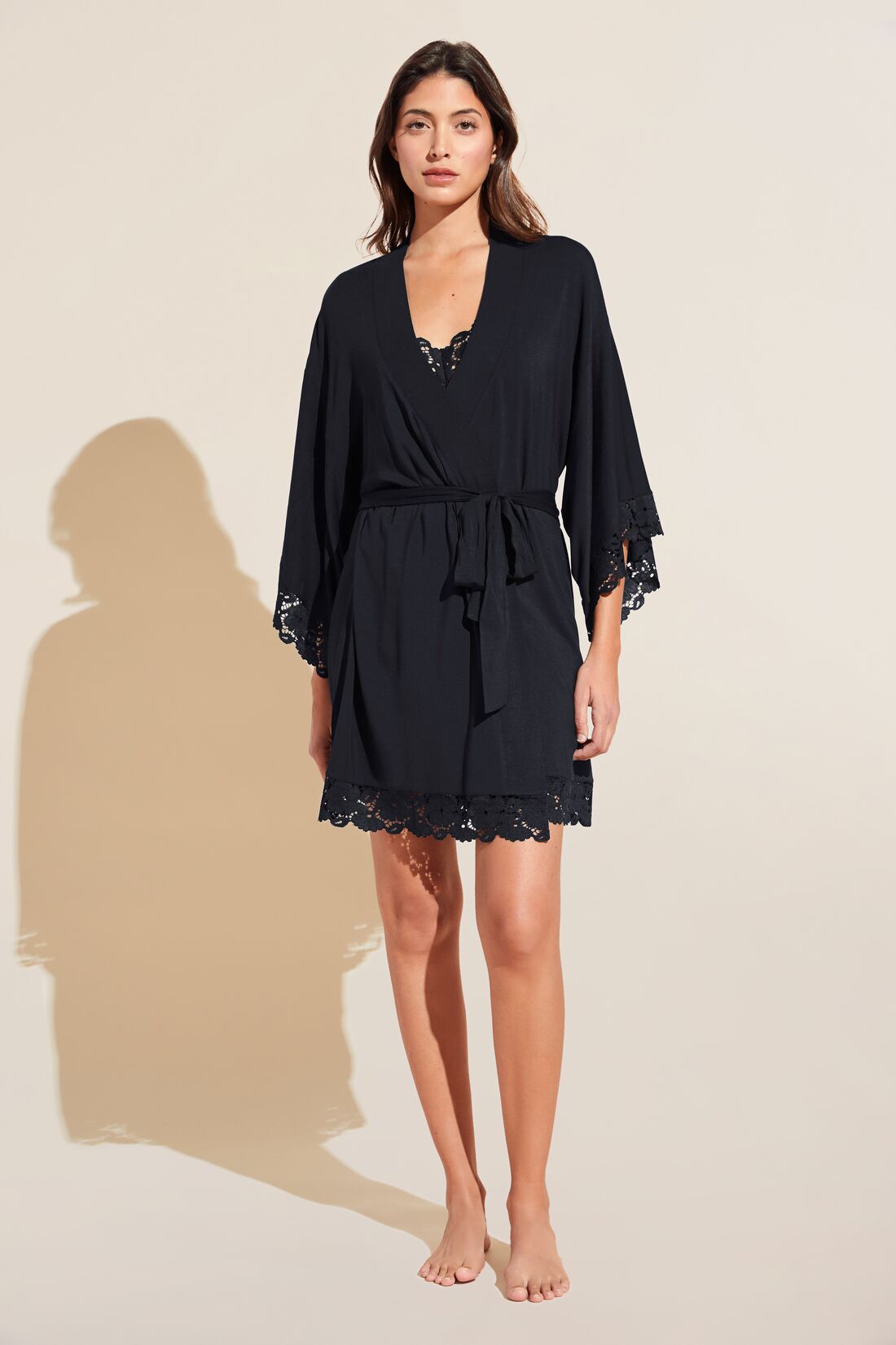 Model wears Naya TENCEL™ Modal Robe in Black.