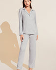 Model wears Gisele TENCEL™ Modal Rib Long PJ Set in light heather grey.