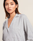 Model wears Gisele TENCEL™ Modal Rib Long PJ Set in light heather grey.