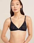 Model wears Soft Stretch Recycled Lace Triangle Bralette in Black.