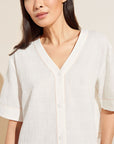 Model wears Crinkle Woven Short Sleeve Top & Short Set in Ivory/Canyon Sunset.