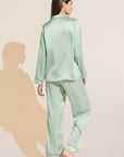 Model wears Inez Washable Silk Long PJ Set in Surf Spray/Agave.