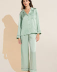 Model wears Inez Washable Silk Long PJ Set in Surf Spray/Agave.