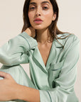 Model wears Inez Washable Silk Long PJ Set in Surf Spray/Agave.
