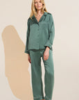 Model wears Inez Washable Silk Long PJ Set in Agave/Surf Spray.