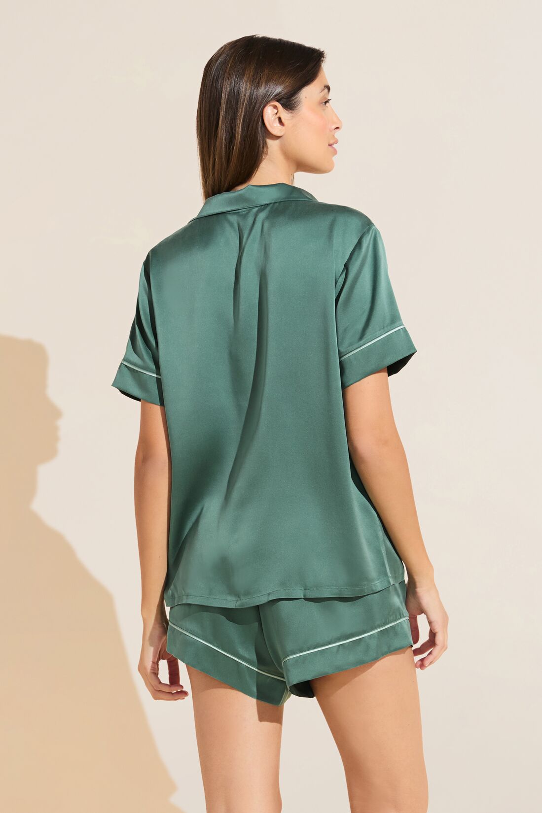 Model wears Inez Washable Silk Short PJ Set in Agave/Surf Spray.