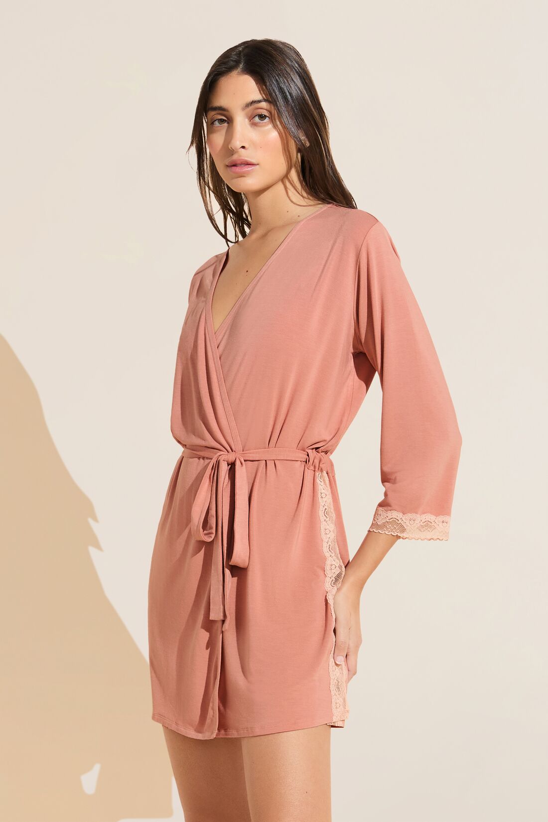 Model wears Flora TENCEL™ Modal 3/4 Sleeve Robe in Pink Rouge/Rose.