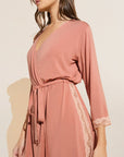 Model wears Flora TENCEL™ Modal 3/4 Sleeve Robe in Pink Rouge/Rose.