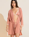 Model wears Flora TENCEL™ Modal 3/4 Sleeve Robe in Pink Rouge/Rose.