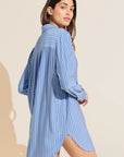 Model wears Gisele Printed TENCEL™ Modal Boyfriend Sleepshirt in Nordic Stripe Vista Blue.