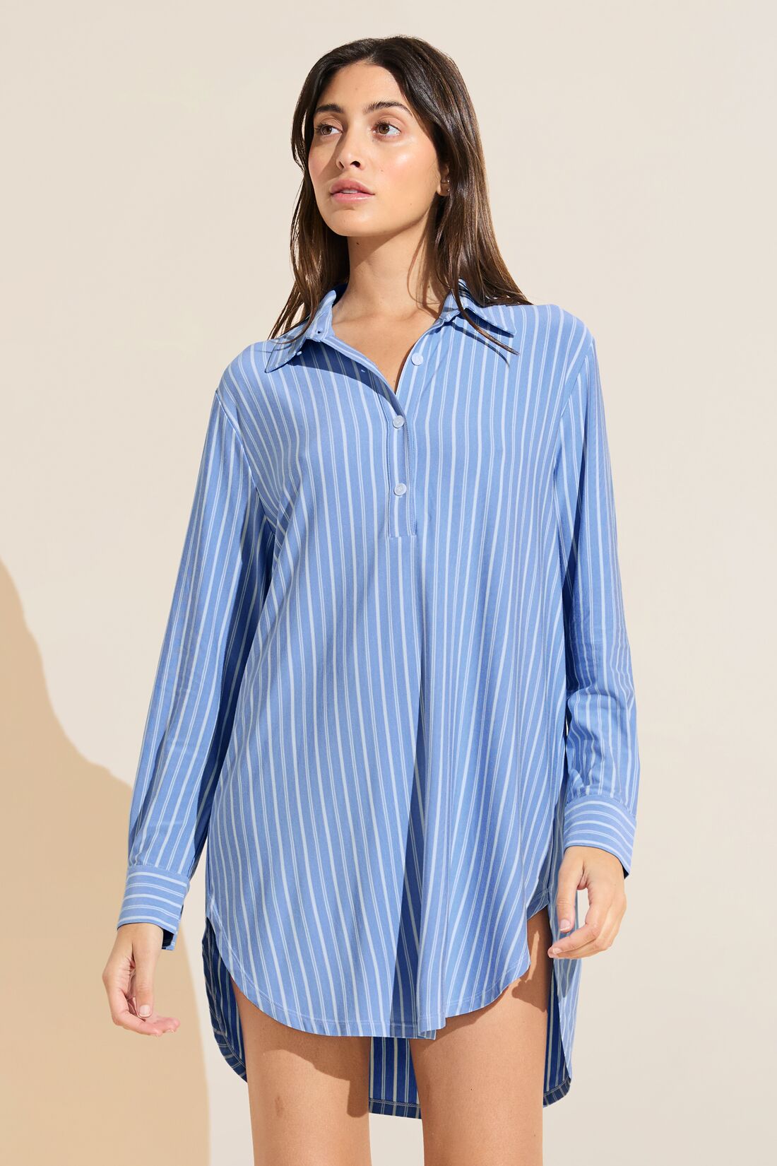 Model wears Gisele Printed TENCEL™ Modal Boyfriend Sleepshirt in Nordic Stripe Vista Blue.