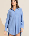 Model wears Gisele Printed TENCEL™ Modal Boyfriend Sleepshirt in Nordic Stripe Vista Blue.