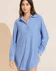 Model wears Gisele Printed TENCEL™ Modal Boyfriend Sleepshirt in Nordic Stripe Vista Blue.