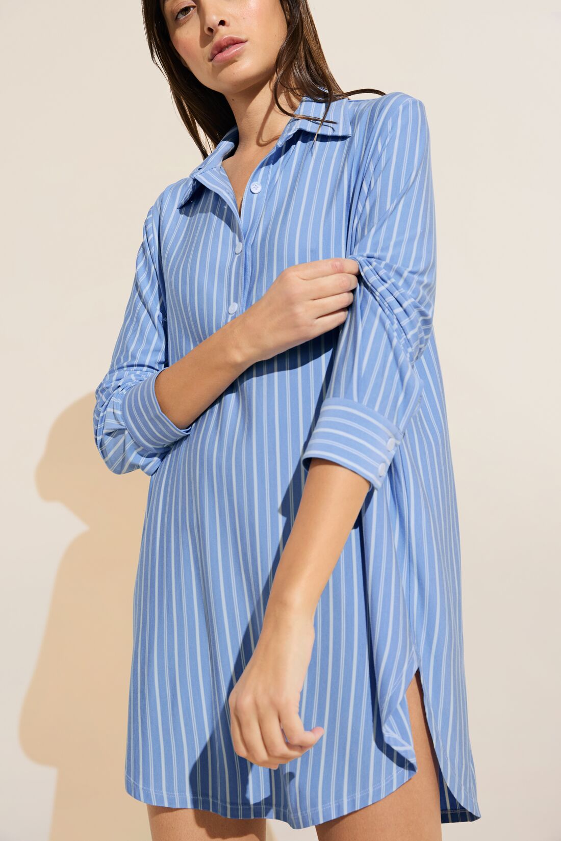 Model wears Gisele Printed TENCEL™ Modal Boyfriend Sleepshirt in Nordic Stripe Vista Blue.